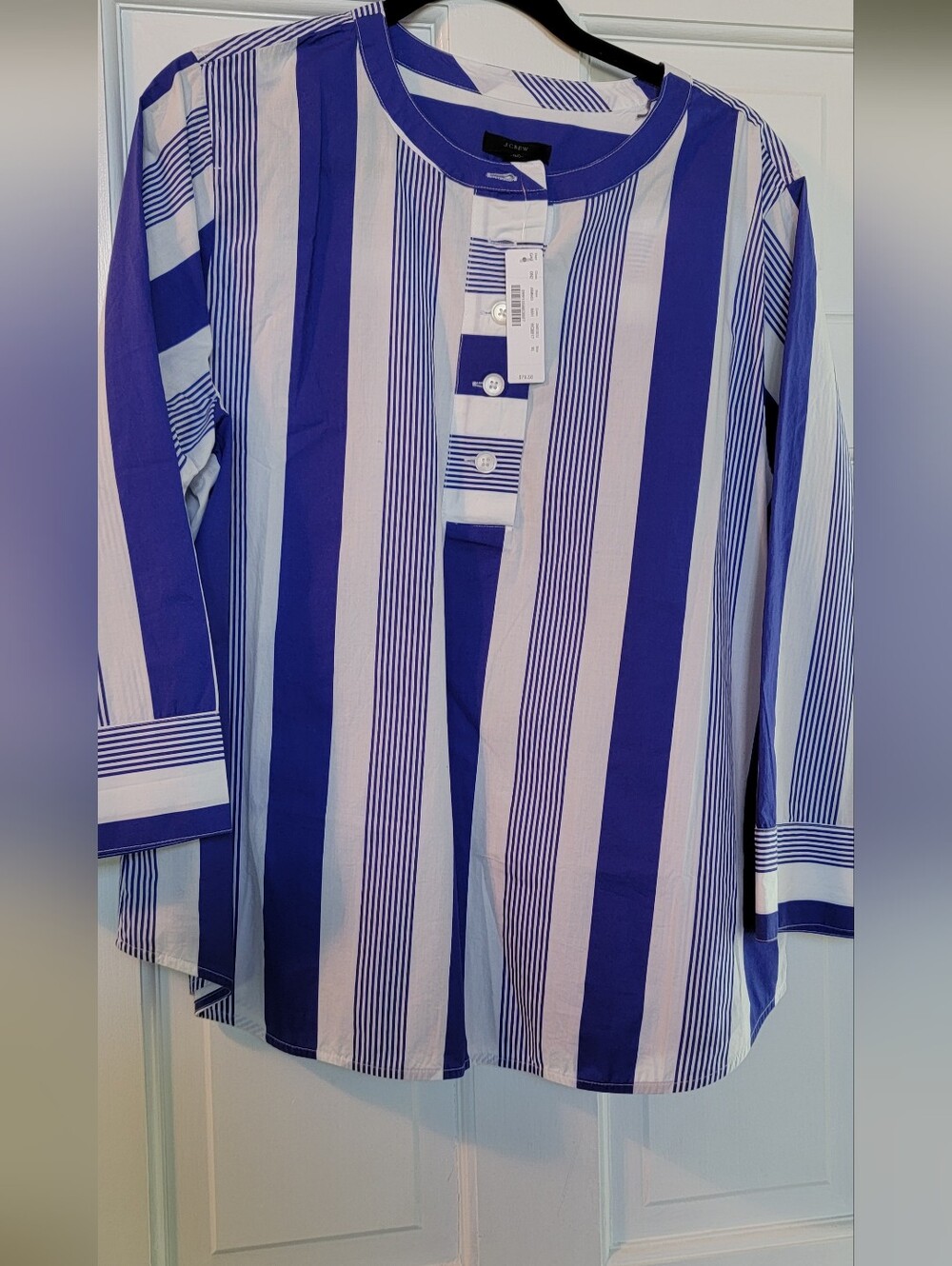 NWT J Crew Cotton Blue and White Popover Blouse, XL